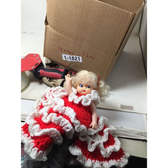 Cute Topper Doll in Hand Crocheted Red Dress White Ruffles Blonde w Cherub Face - Picture 7 of 7